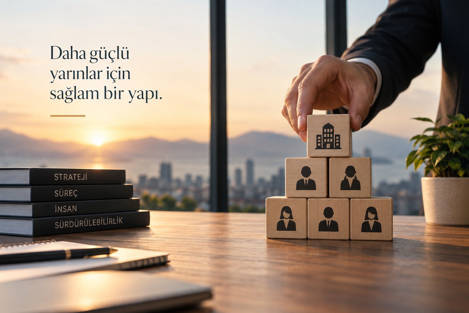 Güçlü ve sürdürülebilir bir organizasyon yapısını simgeleyen kurumsal yapı blokları
