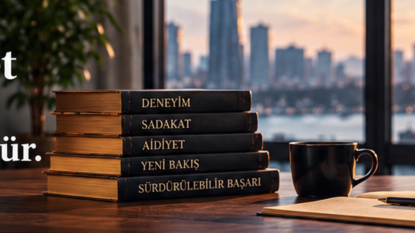 Deneyim, sadakat, aidiyet ve geleceği simgeleyen kitapların yer aldığı modern yönetici çalışma masası