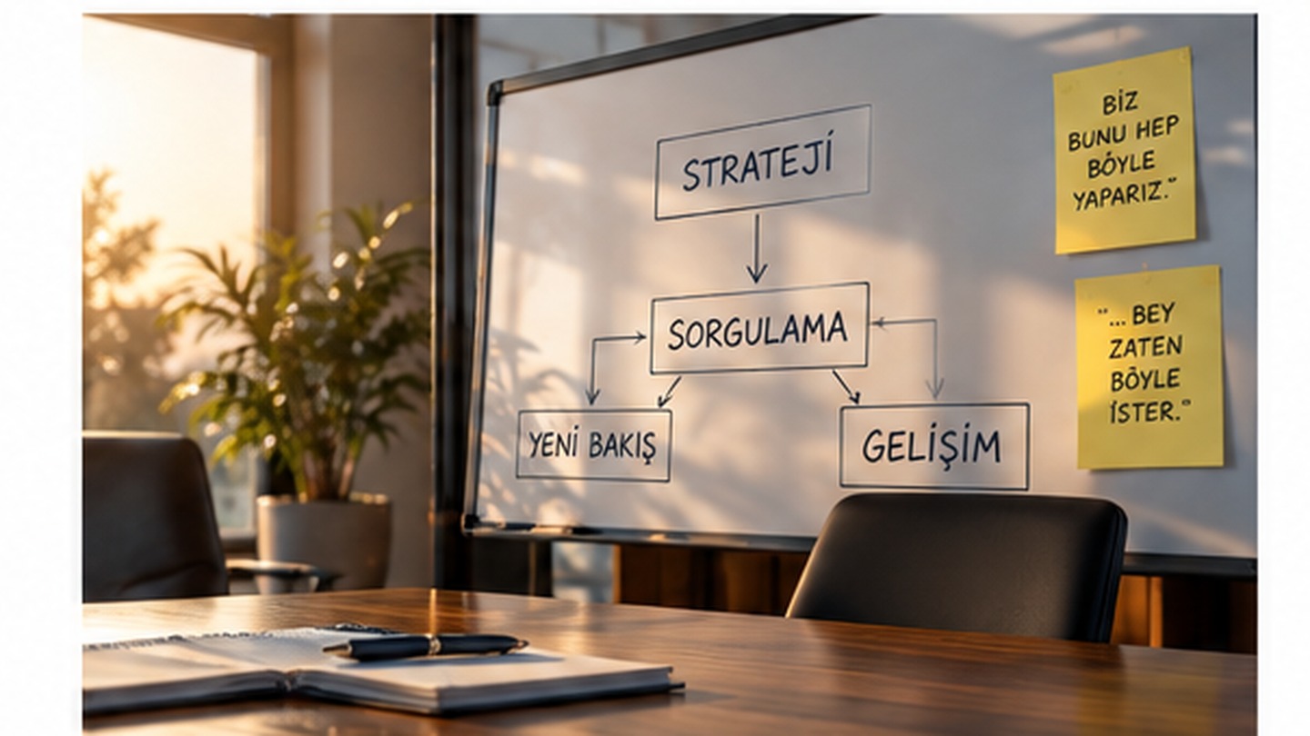 Strateji, sorgulama, yeni bakış ve gelişim kavramlarını gösteren yönetim değerlendirme panosu